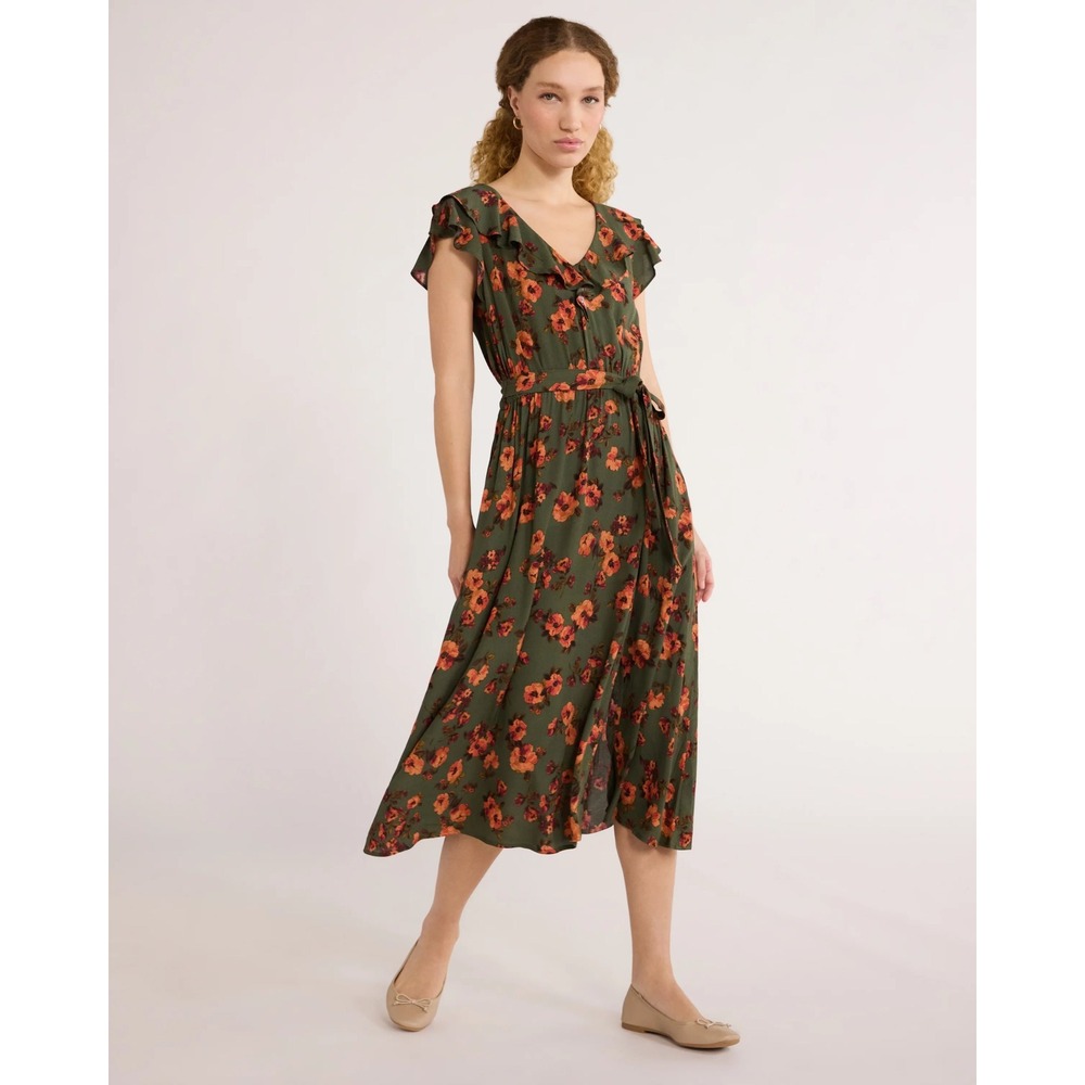 Time and Tru Olive Green Orange‎ Floral Ruffle V-Neck Midi Dress Large 12-14